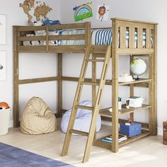 a wooden bunk bed sitting next to a blue rug on top of a hard wood floor