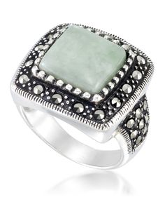 A bold slab of jade is set in this impressive square shaped ring, crafted in sterling silver. Intricate bead work polished to a mirror finish sings in harmony with the antiques base of this ring layered with genuine marcasite. Macy's Silver Gemstone Jewelry, Macy's Silver Gemstone Rings, Macy's Silver Rings With Gemstone, Pebble Ring, Macys Jewelry, Square Ring, Square Rings, John Hardy, Holiday Trends