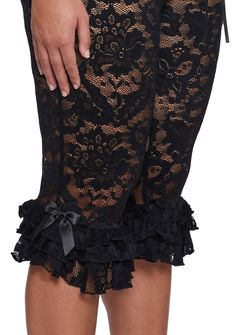 These pants have a stretchy sheer floral lace construction, a tiered ruffled hem with bow appliques, an elastic waistband, and a self-tie lace-up front closure. Halloween Costume Boots, School Halloween Costumes, Bow Pants, Pants With Lace, Costume Boots, Bone Structure, Festival Shop, Lace Pants, Group Costumes