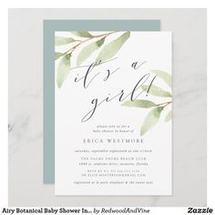 the it's a girl baby shower card is shown with eucalyptus leaves on it