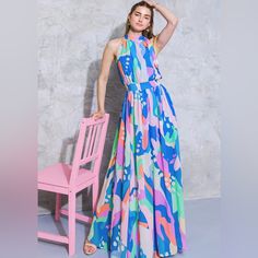 This Portrait Of A Lady On Woven Maxi Dress Is Crafted From Lightweight, Printed Woven Fabric That Moves Beautifully. It Has A High Halter Neckline With A Tie For A Secure Fit, Is Sleeveless For Maximum Mobility And A Back Smocked Waist Band For Added Comfort. This Sophisticated Design Is Sure To Be A Wardrobe Favorite. Details - Self: 100% Polyester - Lining: 100% Polyester Size & Fit - Model Is 5`8 " And Wearing Size Small - Measurements Taken From Size Small - Approx. Length: 62” Nwot - Never Unique Maxi Dress Designs, Sunlit Spring, Back To School Outfits For College, School Outfits For College, Clothes Wardrobe, Dress Book, Halter Neck Maxi Dress, Flying Tomato, Work Style