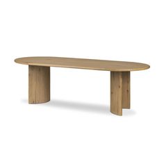 an oval wooden table on a white background