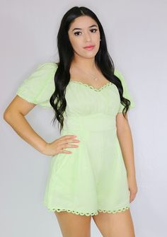 Product Description: Green romper Color: Light green Material: 72% Rayon 20% Nylon 8% Spandex Chic Green Spring Jumpsuits And Rompers, Casual Fitted Bubble Romper With Short Sleeves, Casual Fitted Short Sleeve Bubble Romper, Fitted Short Sleeve Casual Bubble Romper, Casual Green Bubble Romper For Spring, Spring Casual Green Bubble Romper, Green Stretch Jumpsuits And Rompers For Spring, Green Short Sleeve Jumpsuits And Rompers, Solid Color Short Sleeve Bubble Romper For Spring