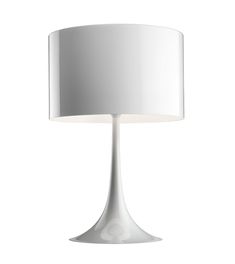 a white table lamp with a white shade on the top and bottom part of it