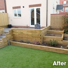 an outdoor garden with wooden steps and green artificial grass in front of a house, before and after landscaping