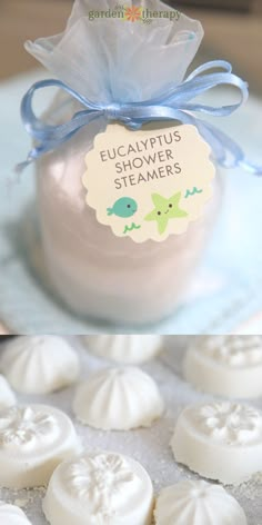 there is a jar with some soaps in it and the label says eucalyptusptus shower steamers