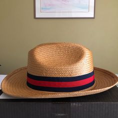 Band Is Navy And Red. Hat Has Inside Sting To Adjust To Head. Mens Straw Hats, Mens Dress Hats, Mens Hats Fashion, Straw Fedora Hat, Straw Fedora, Red Hat, Dress Hats, Fedora Hat, Straw Hat