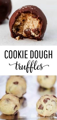 chocolate chip cookie dough truffles on a white surface