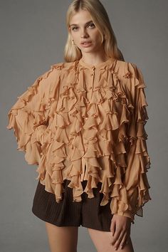 By Anthropologie Sheer Ruffle Buttondown Blouse Frill Blouse, Anthropologie Uk, Japan Woman, Nyc Shopping, Blazer And Skirt, Blouse Price, Elegant Blouses, Plus Dresses, Women's Tops