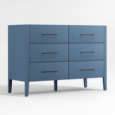 a blue dresser with four drawers and two legs