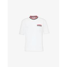 Find THOM BROWNE Branded Cotton-knit T-shirt S on Editorialist. Thom Browne cotton-knit T-shirt100% cotton; contrast 90% cotton, 9% polyamide, 1% polyurethanePulls onRegular fit, crew neck, short sleeves, patch pocket and brand patch at front, brand tab at back, ribbed striped trims, buttoned at sides, all over knitted, texturedHand wash coldMade in ItalyModel is 6ft 2in/1.88m and wears a size largeLightweight, stretchy Sporty Cotton T-shirt With Ribbed Cuffs, Sporty Crew Neck T-shirt With Contrast Trim, White T-shirt With Contrast Trim For Summer, Casual Cotton T-shirt With Contrast Panels, White Crew Neck Top With Ribbed Collar, Casual Summer Tops With Contrast Collar, Cotton Crew Neck T-shirt With Contrast Stripes, Cotton Crew Neck T-shirt With Ribbed Collar, Cotton T-shirt With Contrast Stripes, Crew Neck