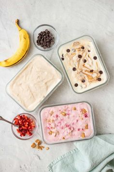 four containers filled with ice cream and toppings next to a banana, chocolate chips, granola, and other foodstuffs