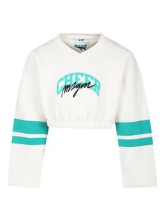 white/teal blue cotton jersey texture cropped pull-on style V-neck embroidered logo to the front stripe detailing long sleeves embroidered logo to the rear elasticated hem Trendy White Cropped Sweater With Ribbed Cuffs, White V-neck Top With Ribbed Cuffs, Sporty Cotton Cropped Sweater With Ribbed Cuffs, White Cropped Cotton Sweater, White Cotton Cropped Sweater, Sporty Crew Neck Crop Top With Ribbed Cuffs, Sporty Spring Tops With Embroidered Logo, White Embroidered Logo Top Athleisure, Sporty Cotton Cropped Sweater With Ribbed Waistband