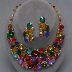 16-18 " Party Multicolor Rhinestone Necklace, Multicolor Metal Rhinestone Necklace For Party, Elegant Multicolor Rhinestone Necklace For Party, Party Multicolor Jewel Necklaces, Multicolor Jeweled Necklaces For Party, Multicolor Rhinestone Necklace For Party, Multicolor Metal Jewelry Sets For Party, Multicolor Rhinestone Costume Necklace For Parties, Elegant Multicolor Rhinestone Necklace