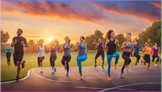 a group of people running on a basketball court with the sun setting in the background