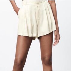 Nwt Zara Satin Shorts Medium Cream Pockets Belt Loops, Also Stretch In Back Chic Cream Bottoms With Built-in Shorts, Chic White Bottoms With Built-in Shorts, Trendy Beige Wide-leg Shorts, Spring Cream Bottoms With Built-in Shorts, Chic White High-waisted Shorts, Cream High-waisted Fitted Shorts, Chic High Waist White Shorts, Cream Fitted High-waisted Shorts, Chic White Wide-leg Shorts