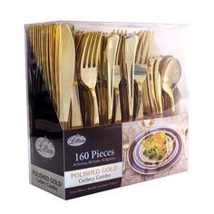 a package of gold colored forks and spoons