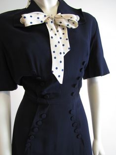 1940s WWII era Navy Blue Rayon Dress With Polka Dots Neck Tie 1940's Dress, Dress And Scarf, 40's Fashion, Pom Dress, 1940s Outfits, 1940's Fashion, Pom Pom Dress, Plain Background