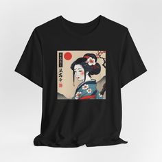 Geisha Japanese Style Artwork, Ukiyo-e,  T-Shirt.  This classic jersey short sleeve tee fits like a well-loved favorite. Soft cotton and quality print make users fall in love with it over and over again. These t-shirts have-ribbed knit collars to bolster shaping. The shoulders are tapered for a better fit over time. Dual side seams hold the garment's shape for longer.  Made with 100% Airlume combed and ring-spun cotton, a lightweight fabric (4.2 oz/yd² (142 g/m that is easy to layer, breathable. Retro Printed Short Sleeve T-shirt, Retro Short Sleeve Printed T-shirt, Casual T-shirt With Letter Print For Artistic Expression, Graphic Design Cotton T-shirt, Artistic Printed Crew Neck T-shirt, Retro Short Sleeve T-shirt With Graphic Design, Artistic Short Sleeve T-shirt With Letter Print, Vintage Black Printed T-shirt, Casual T-shirt With Graphic Print For Artistic Expression