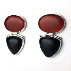 "These one of a kind earrings feature natural carnelian and triangle cut black onyx. The onyx are held by hinges that allow the earrings to sway as you move. Made entirely of sterling silver. New old stock that has not been sold before. Full Dimensions: 1\" inch wide x 2\" inches long." Handmade Black Carnelian Jewelry, Black Carnelian Jewelry With Natural Stones, Gemstone Earrings Dangle, Large Stud Earrings, Silver Stacking Rings, Smokey Quartz, Jewelry Earrings Studs, Black Onyx, Gemstone Earrings