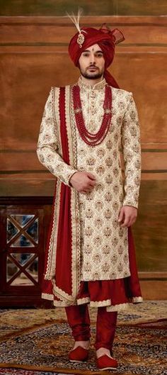 Beige and Brown color Sherwani in Art Silk fabric with Bugle Beads, Cut Dana, Embroidered work Zari Work, Bugle Beads, Color Art, Sherwani, Super Sale, Silk Fabric, Colorful Art, Brown Color, Gold Color