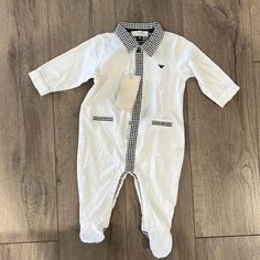 New With Tag White Long Sleeve Romper For Playwear, White Long Sleeve Playwear For Babies, Armani Kids, Onesies, Baby Onesies, Kids Shop, Blue And White, One Piece, Blue