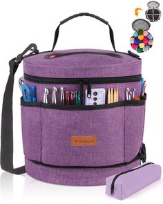 an image of a purple bag with pens and pencils in the bottom compartment on white background