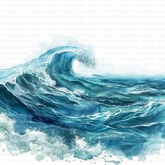 a painting of a large wave in the ocean with blue watercolors on it