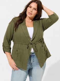 Dual Fold Short Sleeve Utility Drape Front JacketDual Fold Short Sleeve Utility Drape Front Jacket, DEEP DEPTHS Plus Size Short Jackets, Womens Utility Jacket, Drape Front Jacket, Olive Jacket, Layered Fabric, Drape Jacket, New Street Style, Shoes For Leggings, Feel Pretty