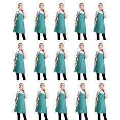 the woman is wearing an apron and posing with her hands in her pockets while she has six different poses