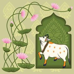 a cow is standing in front of some pink flowers and green leaves, with an ornate border around it