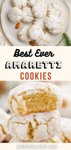 cookies are stacked on top of each other with the words best ever amarettii cookies