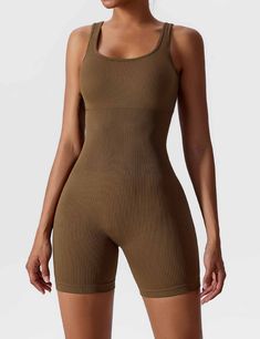 This dress is made of lightweight, moisture-wicking, sturdy fabric. Highly stretchy, comfortable, and breathable to keep you dry. The elaborate U-shaped neckline lifts and slims the collarbone and emphasizes the curves of the bust. A tight, denser knit in the abdomen provides higher compression in your lower abdomen and waist. Knit ribbed seamless design, high stretch skin-friendly fabric wraps around your body like a second skin. Perfect for casual, daily exercise, yoga, fitness, running, biki Workout Jumpsuit, Jumpsuit Shorts, Yoga Jumpsuit, Lower Abdomen, Fitted Jumpsuit, Leg Muscles, U Neck, Sleeveless Jumpsuits, Daily Workout