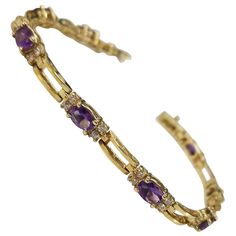 14k yellow gold amethyst and diamond bracelet, containing 8 oval cut amethyst of gem quality weighing 2.77cts. and 32 round full cut diamonds; color "H", clarity SI and weight .52pts. measuring 6.5 inches with clasp and safety. Dope Jewelry, Diamond Bracelets, Gold Pearl, Silver Heart, Oval Cut, Link Bracelets, Diamond Bracelet, Diamond Cuts, Gold Bracelet