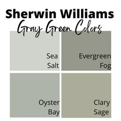 Sherwin WIlliams gray green paint colors: sea salt, evergreen fog, oyster bay, and clary sage. Sw Green Gray Paint Colors, Light Gray Green Exterior Paint Colors, Sherwin Williams Gray Green Exterior, Soft Green Paint Colors Sherwin Williams, Sherwin Williams Best Greens, Neutral Green Paint Colors Sherwin Williams, Sherwin Williams Gray Green Paint Colors, Best Grey Green Paint Colors, Dark Gray Green Paint Colors