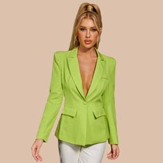 You need at least one blazer in a fun color and our Nikita Neon Green Blazer is a perfect one for this! It is made of a neon green material and features padded shoulders. flap pockets. peak lapels. and a single-button closure. We love styling it over a lacy bodysuit with high-waisted white pants. Party Blazer With Notch Lapel And Pockets, Spring Party Blazer With Notched Lapel, Chic Green Blazer For Night Out, Green Fitted Blazer For Night Out, Fitted Green Blazer For Night Out, Green Suit Collar Outerwear For Parties, Trendy Green Office Blazer, Green Office Blazer With Pockets, Trendy Green Blazer With Lapel Collar