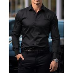 Fabric:Polyester; Sleeve Length:Long Sleeve; Gender:Men's; Size Suggestion:Please refer to the size chart to place an order; Style:Dress; Tops Type:Casual Shirt; Occasion:Wedding,Party; Fit Type:Standard Fit; Pattern:Solid Color; Neckline:Lapel; Listing Date:05/20/2024 Mens Courthouse Wedding Attire Casual, Men’s Dress Shirt, Men’s All Black Dress Outfit, Mens Black Dress Shirt Outfit, Men Dress Up Outfits, Black Dress Shirt Outfit Men, Mens All Black Outfit Classy, Dark Mens Fashion, Black Shirt Dress Outfit