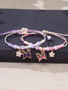 2pcs/set Butterfly & Flower Charm Bracelet Multicolor         Women Fashion Jewelry, size features are:Bust: ,Length: ,Sleeve Length: Purple Charm Bracelet, Resizable Bracelets For Spring, Multicolor Friendship Bracelets For Spring, Purple Bracelet For Summer Gifts, Adjustable Purple Bracelets For Spring, Pink Charm Bracelet For Beach, Multicolor Flower Friendship Bracelets, Spring Bohemian Purple Jewelry, Purple Friendship Bracelets For Summer