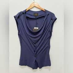 Vivian Westwood Blue Cowl Neck Sleeveless Button Stud Blouse Size M Authentic Nwt No Trades Or Modeling Elegant Blue Vest With Buttons, Blue Sleeveless Buttoned Blouse, Sleeveless Blue Blouse With Buttons, Vivienne Westwood Tops, Vivian Westwood, Vivienne Westwood, Passion For Fashion, Cowl Neck, Aesthetic Clothes