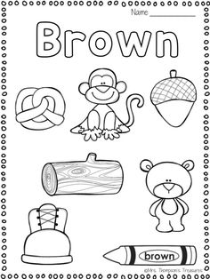 brown worksheet with pictures and words for kids to color on the page, which includes