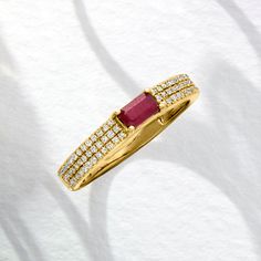 Ross-Simons - .30ct Ruby, .26ct t. w. Diamond Ring in 14kt Yellow Gold. Size 9. Our beautiful ring will add a bright spark to your day. A .30 carat emerald-cut ruby sits on a band of 14kt yellow gold illuminated by rows of .26 ct. t. w. diamonds. 1/8" wide. Diamond and ruby ring. Ruby birthstones are the perfect gift for July birthdays. Diamond And Ruby Ring, Natural Ruby Ring, Ruby Birthstone, Ring Ruby, July Birthday, Beautiful Ring, Ruby Ring, Natural Ruby, Emerald Cut