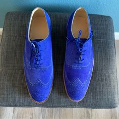 These Are Brand New Never Worn, Hand Made Leather Shoes. Beautiful Electric Blue Brogue Or Wing Tip Style. They Are Way Too Big For Me, The Listed Size Was Not Correct When I Ordered. Based On The Measurements I Estimate The Size Is A Us Men’s 11. They Are Narrow At The Toe So Do Take That Into Consideration. They Are Extremely Well Made And I Expect The Suede Will Conform To The Foot Nicely Over Time. Leather Soles Have Some Very Slight Scuffs From Trying Them On At Home. Blue Lace-up Oxfords For Business, Blue Lace-up Business Dress Shoes, Fitted Blue Oxfords With Brogue Detailing, Fitted Blue Oxfords For Business, Blue Brogue Oxfords With Pointed Toe, Blue Pointed Toe Oxfords With Brogue Detailing, Blue Pointed Toe Oxfords For Formal Occasions, Blue Plain Toe Oxfords For Business, Blue Wingtip Dress Shoes For Business