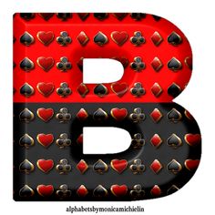 the letter b is made up of hearts and spades, with black letters below it