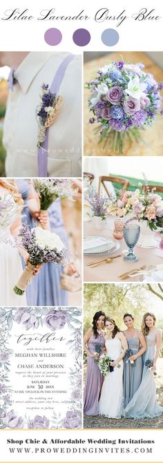 a collage of photos with purple and blue flowers on them, including the bride's bouquet