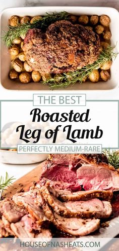 roasted leg of lamb with potatoes and rosemary garnish in a casserole dish