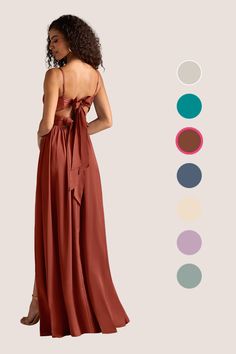 a woman in a long dress with an open back and tie at the waist, standing next to color swatches