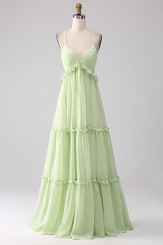 ZAPAKA Women Ruffles Green Bridesmaid Dress with Lace-up Back A Line Long Wedding Party Dress Luxury Flowy Bridesmaid Evening Dress, Luxury Flowy Chiffon Bridesmaid Dress, Layering Bridesmaid Dress, Luxury Bridesmaid Dresses With Flowy Skirt, Necklines For Spring Bridesmaids Dresses, Luxury Chiffon Bridesmaid Dress, Laidback Bridesmaid Dresses, Empire Waist Gown Prom, Bridesmaid Dresses Regency