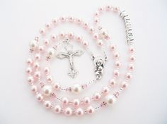 Pink and White Swarovski Pearl Catholic by RosaryGardenCathy Pink Rosary For First Communion, Pink Rosary With Round Beads For First Communion, Pink Beaded Jewelry For First Communion, Pink Beaded Jewelry For Baptism, Adjustable Pink Cross Rosary, Pink Cross Jewelry For Wedding, Baby Girl Baptism Gift, Pink Rosary, Catholic Confirmation