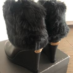 Brand New Size 6 Never Worn Black Faux Fur Black Wedge 4in Heel Elegant Boots With Faux Fur Lining, Elegant Black Wedge Boots For Winter, Elegant Black Platform Wedge Boots, Awesome Shoes, Black Wedge, Black Faux Fur, Vince Camuto Shoes, Dream Shoes, Wedge Boots