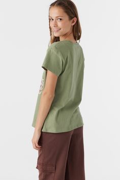 O'Neill Girl's Maddox Tee 23" in Length Oversized Fit Soft Cotton Feel Screen Print Art 100% Cotton Green Casual T-shirt For Spring, Khaki Crew Neck T-shirt, Summer Graphic Tee In Khaki, Khaki Graphic Tee For Summer, Green Casual Cotton T-shirt, Olive Short Sleeve Top With Relaxed Fit, Olive Relaxed Fit Short Sleeve Top, Summer Khaki Crew Neck T-shirt, Olive Cotton Crew Neck Tops